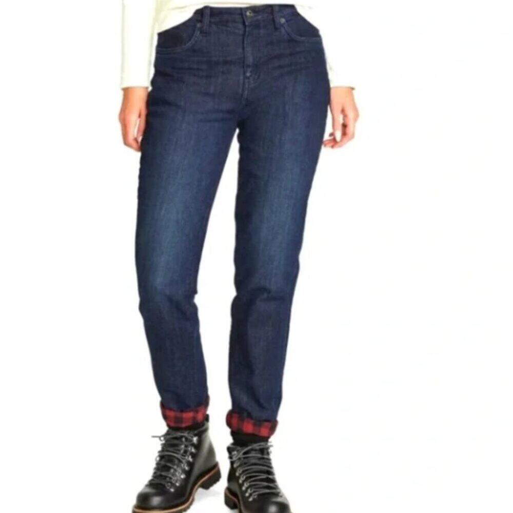 Eddie Bauer Relaxed Boyfriend Mid-Rise Straight Flannel Lined Plaid Jean Size 18
